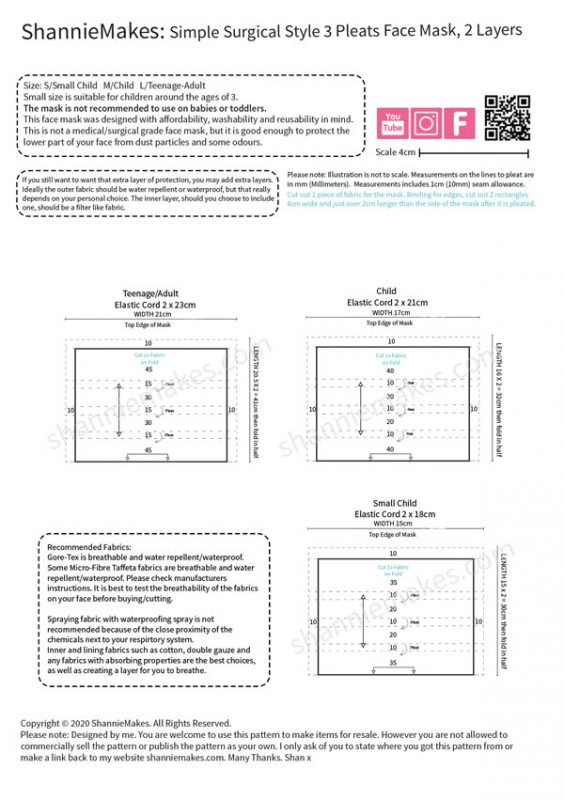 Face Mask Pattern Size Chart